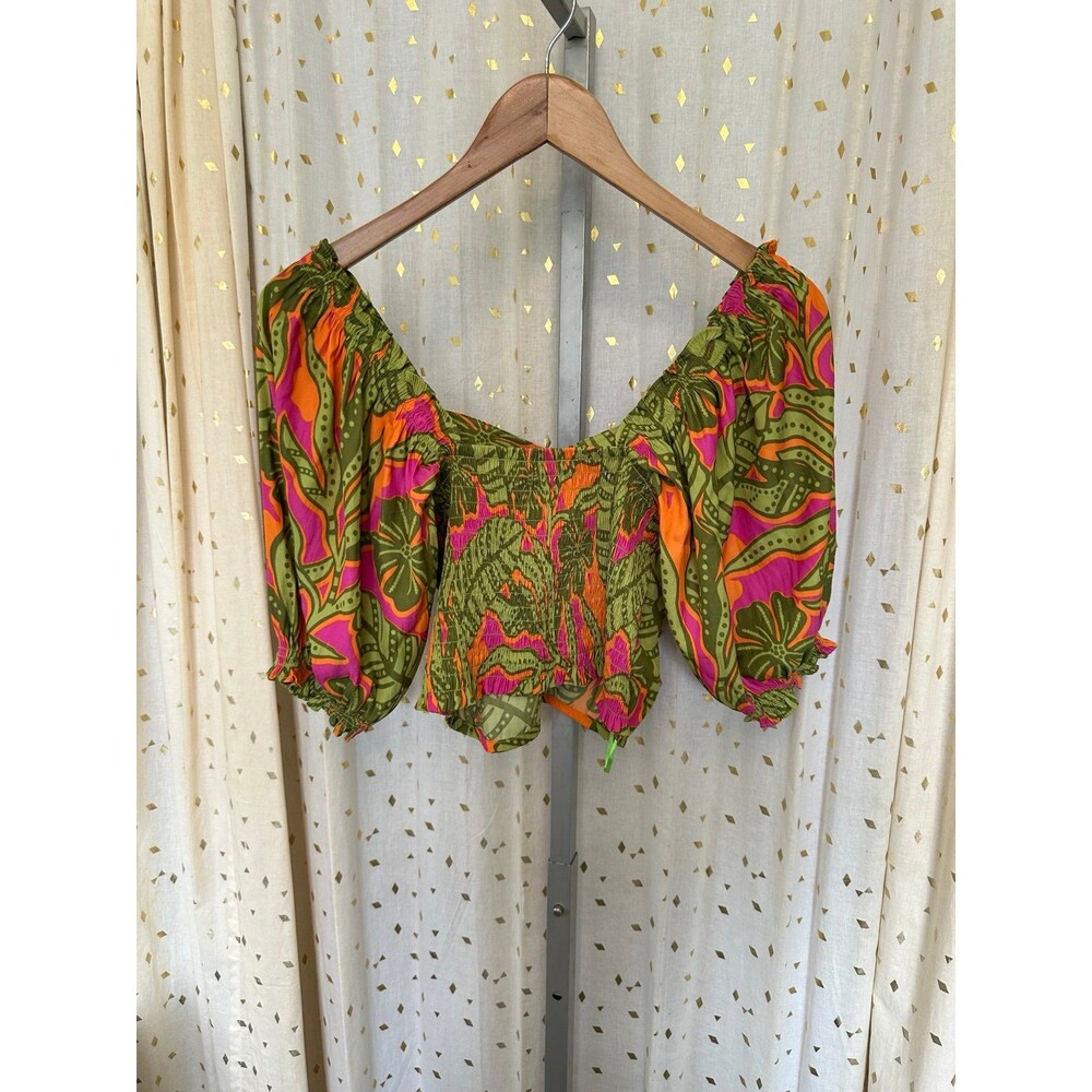 Rose + Olive Hawaiian Tropical Floral Puff Balloon Sleeve Smocked Crop Top S - Picture 4 of 7